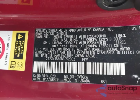 2011 Lexus Rx 350 from USA, damaged, VIN 2T2ZK1BA6BC052802